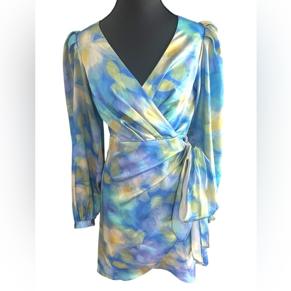 NWT Badgley Mischka Blue & Yellow Watercolor Long Sleeve Satiny Wrap Dress - Picture 1 of 10